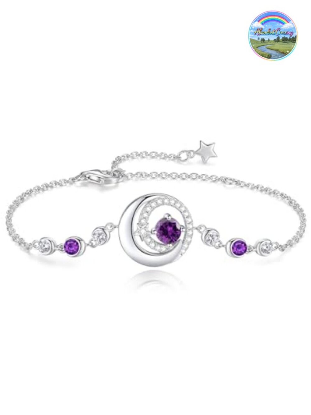 Sterling Silver Moon & Star Birthstone Bracelet, Lobster Claw Clasp, Fine